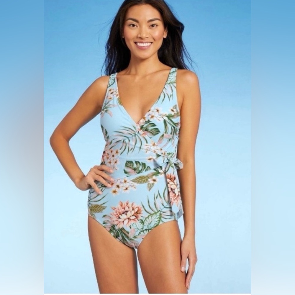Kona Sol Wrap-Front High Coverage One Piece Swimsuit  Tropical Blue Size L NWT
